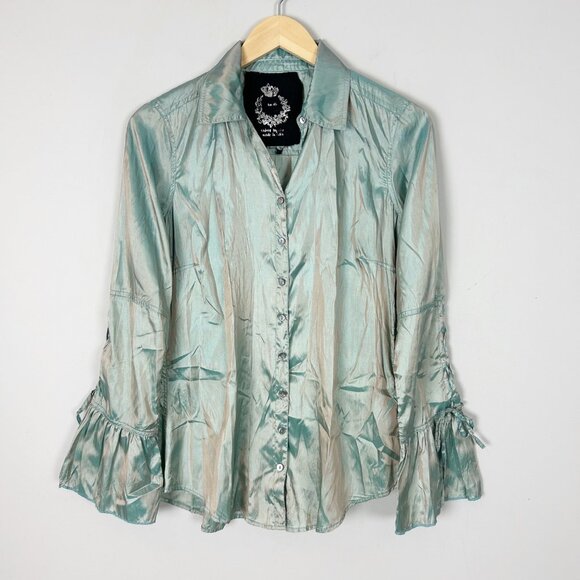 CINO Blue Iridescent Button Down Shirt Top Bell Sleeve Size Small Women's - Picture 1 of 5